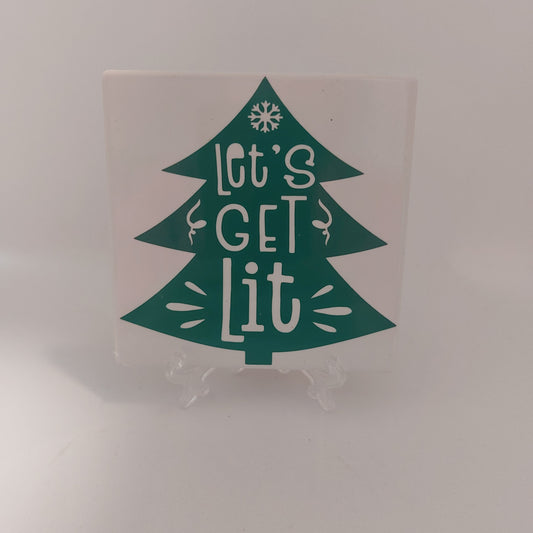 "Let’s Get Lit" Christmas Tree Ceramic Coaster – 4-Inch